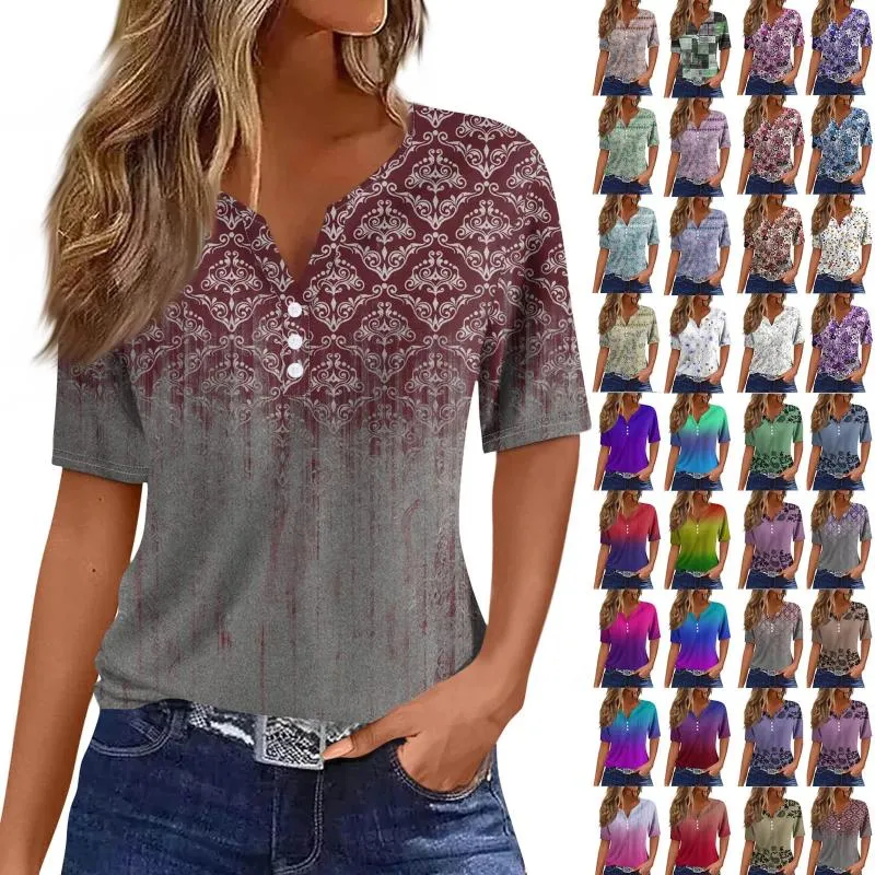 Tee Print Button Forme Daily Weekend Fashion Basic V Neck Ropa de Mujer