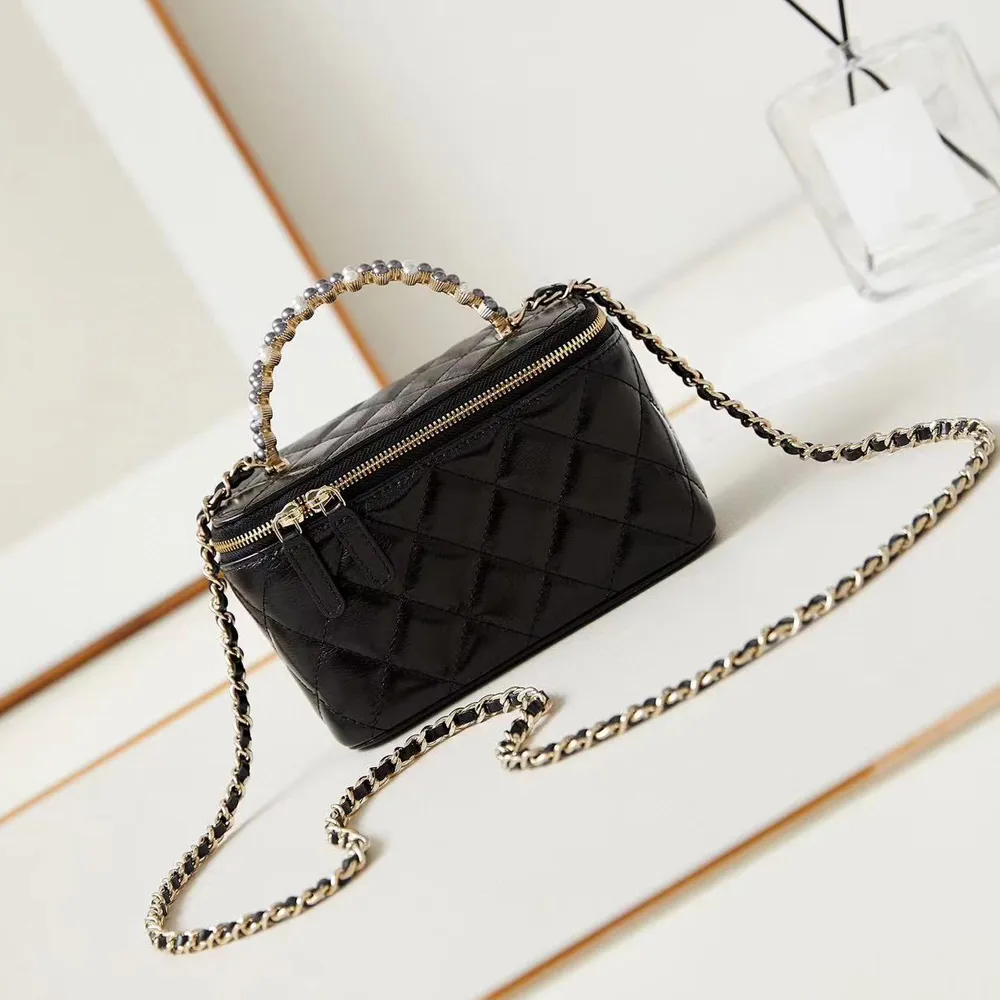 Designer Long Box Bag Mini Vanity Case Bag Pearl Handle Handbags Calfskin Quilted Purse Crossbody Black Shoulder Chain Strap