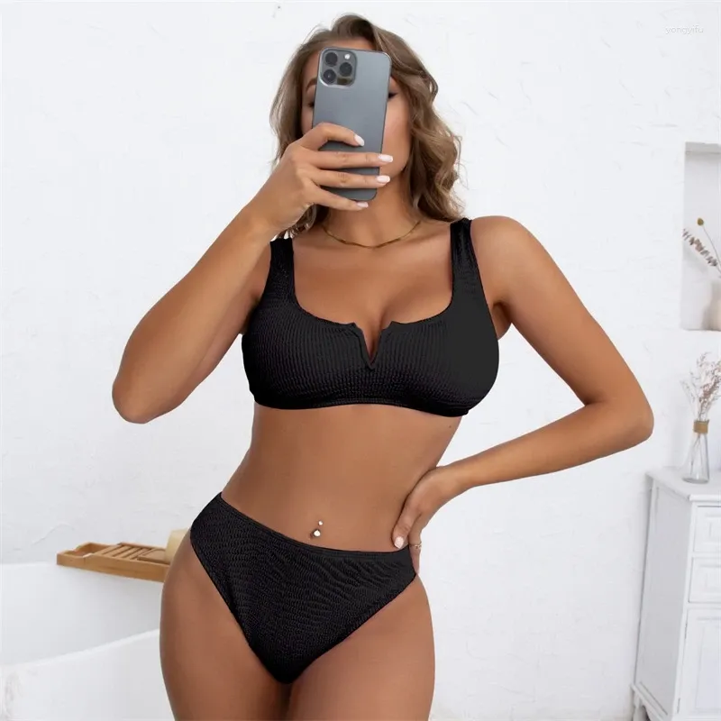 Femme de maillot de bain pour femmes deux pcs combinaisons bikinis de plage tenue de couleur solide en V