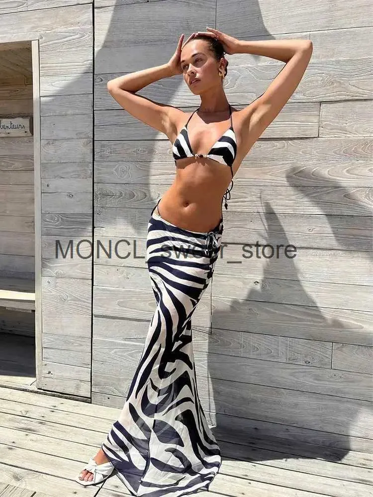 Damskie stroje kąpielowe Seksowne Stripe Zebra 3-częściowy zestaw bikini 2024 Letnia plaża w trójkątnym stroju kąpielowym H240507