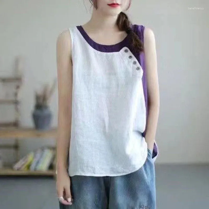 Serbatoi da donna camicia per gilet in lino di cotone 2024 Summer Fashion sciolto camisole canotte asimmetriche bottone decorativo camisa per donne