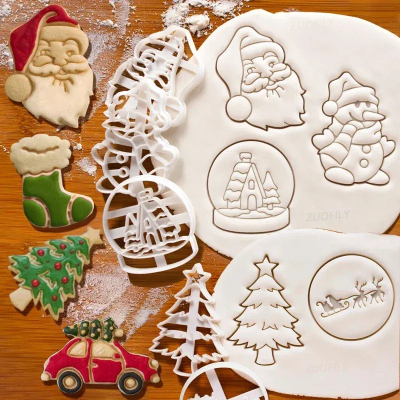 Formar julkakan embriser mögel tecknad 3D jultomten alk elk skorsten spis fondant stämpel kaka dekorera verktyg bakmaterial