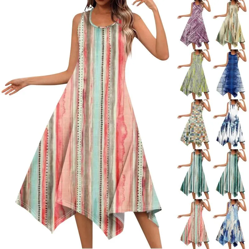 Casual Dresses Women's Fashion Round Neck Sleeveless Print Irregular Hem Midi Dress Elegant And Pretty Summer