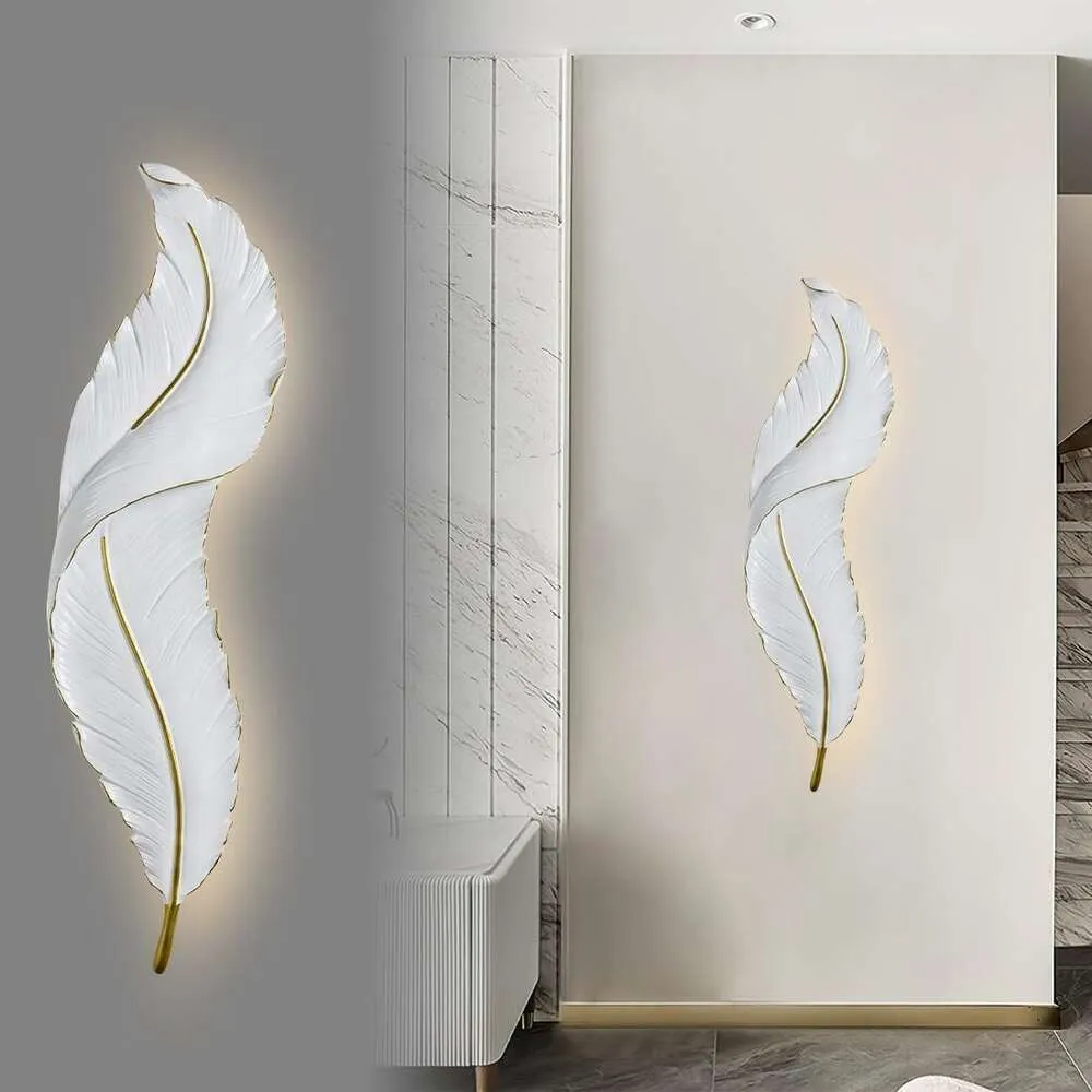 Qepeety LED Wall Sconce Lamp with White Feather Design - 3 Color Temperature & Brightness Levels - Modern Resin Light Fixture for Hallway, Entryway, Living Room (Large)