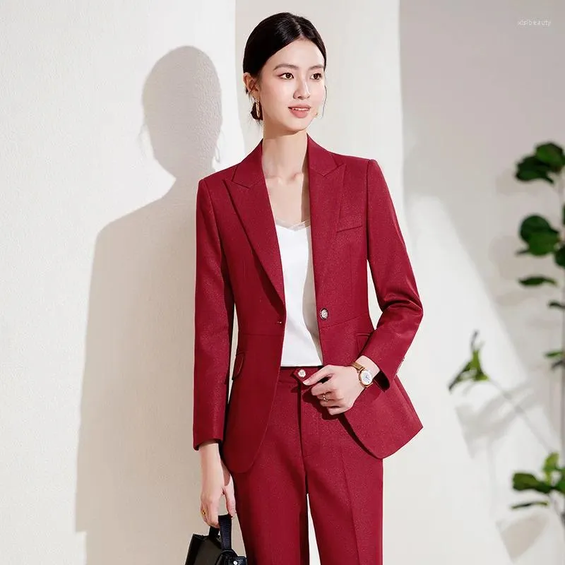 Women's Two Piece Pants Elegant Wine Formal Professional Business Suits Blazers 2024 Women OL Styles Pantsuits With And Jackets Coat Outfits