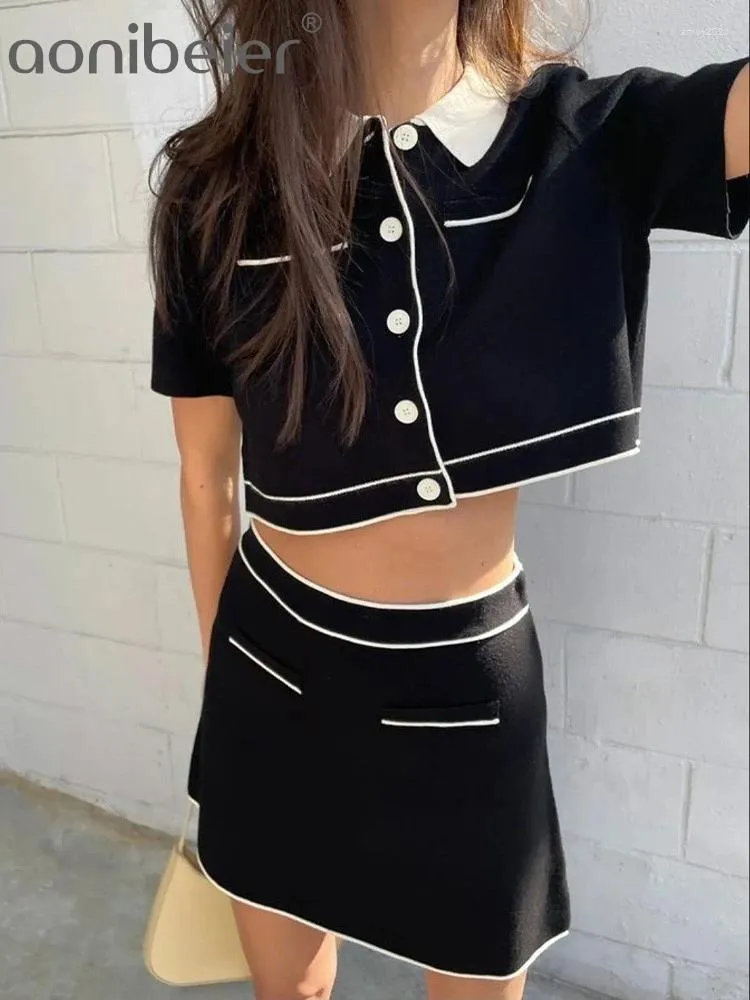 فساتين العمل Aonibeier 2024 Spring Women Women Cardigan Suits Patchwork Short Sleeve Slim Jacket Crop Top Female Mini Skirts Sets Y2K