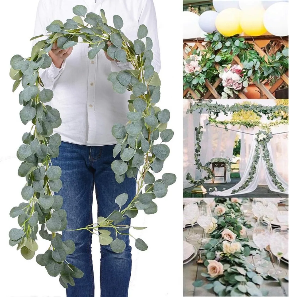 Densa hoja artificial eucalipto hojas de guirnalda de flores decorativas de seda hechas de seda vegetación de vegetería