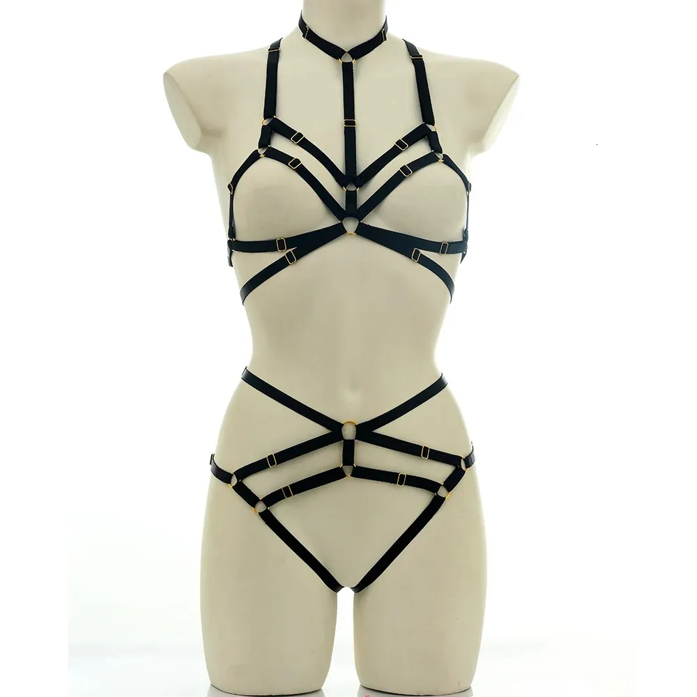 Ihålig elastisk justerbar kroppsband bur bh g-sträng underkläder set rave wear womens halloween sexig bindande kropp band bur 240425