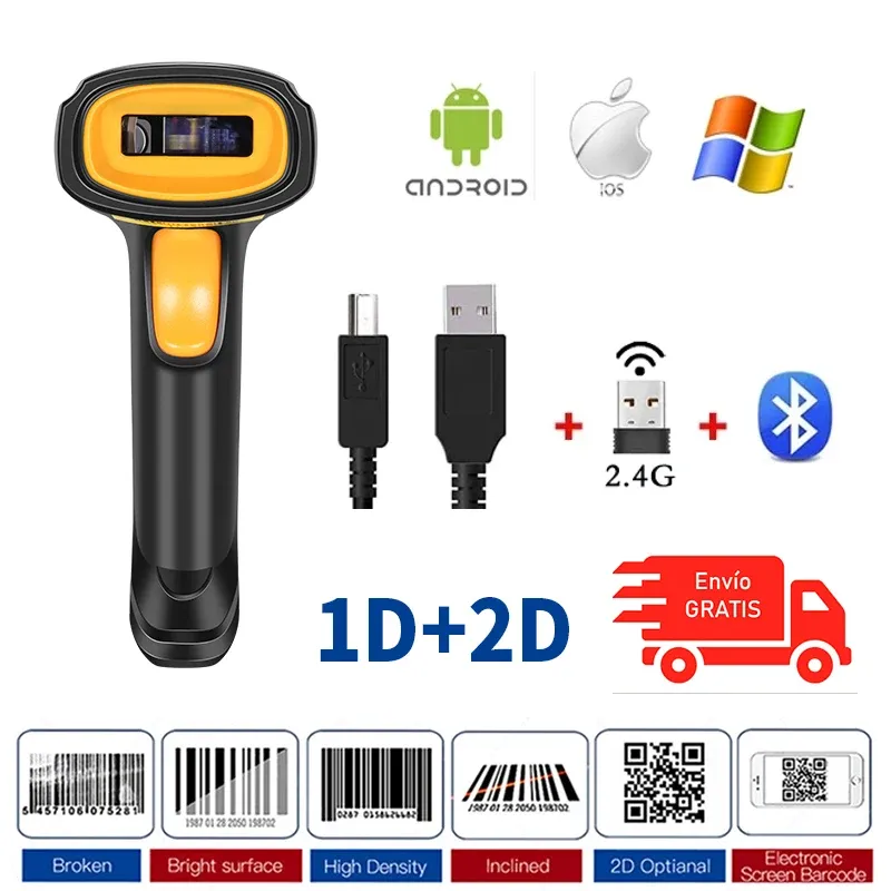 Scanners gratis verzendcodescanner 1D 2D Bluetooth Barcod Scanner Handheld draadloze CMOS QR Barcode Reader voor magazijnvoorraad Pos