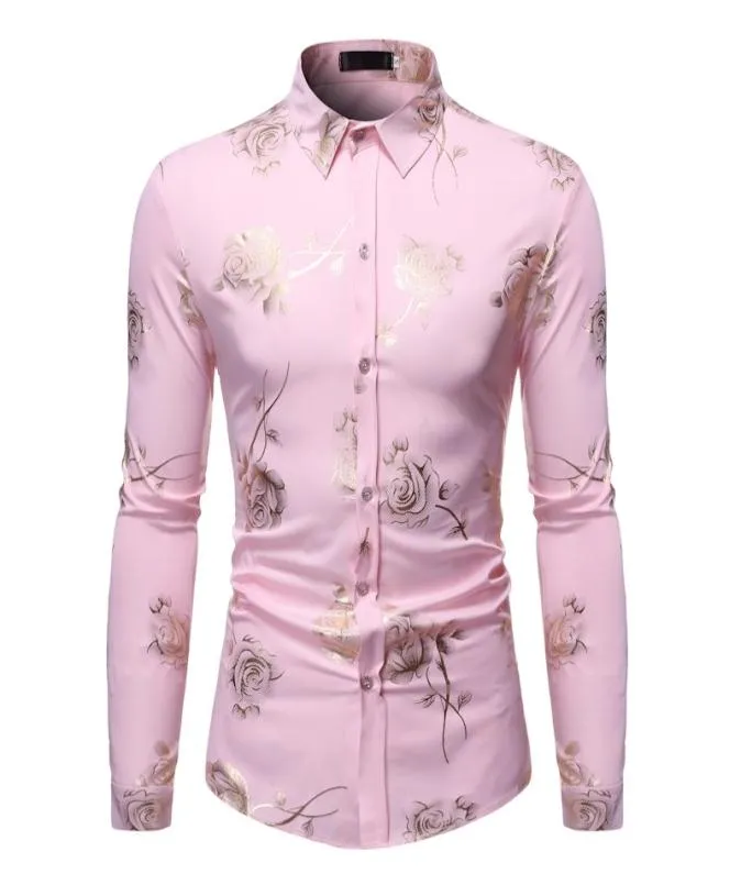 Stylish Rose Floral Gold Print Pink Shirt Men 2020 New Slim Fit Long Sleeve Herr Dress Shirts Club Party Wedding Camisa Social LJ22868195