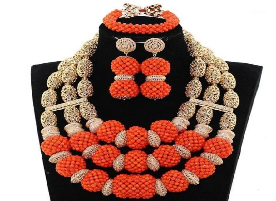 Ohrringe Halskette Orange Korallenperlen Anhänger afrikanische Hochzeit Schmuck Set Dubai Gold Nigeria Braut handgefertigt NCL13288695997237121