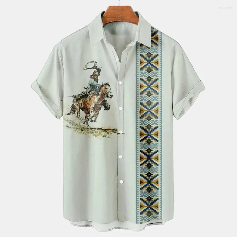Chemises décontractées pour hommes vintage ethnique à imprimé à manches courtes à manches courtes hawaïens bouton de revers vers le streetwear