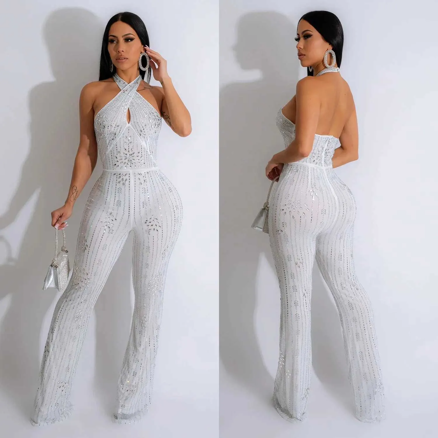 Rhinestone Halter Flare Jumpsuit: Elegant & Sexy Evening