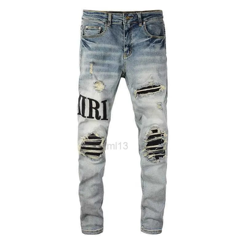 Män jeans herrar jeans ljusblå nödställd patch streetwear smal broderat läder bokstav mönster skadad mager stretch rippade jeansrcm6