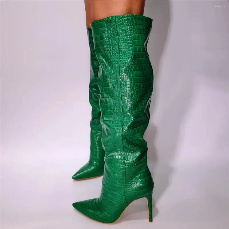 Bot Moda Ayakkabı Yeşil Timsah Deri Stilettos Diz Uyluk Üzerinde Yüksek Topuklu Kadınlar Büyük Boy 47 45