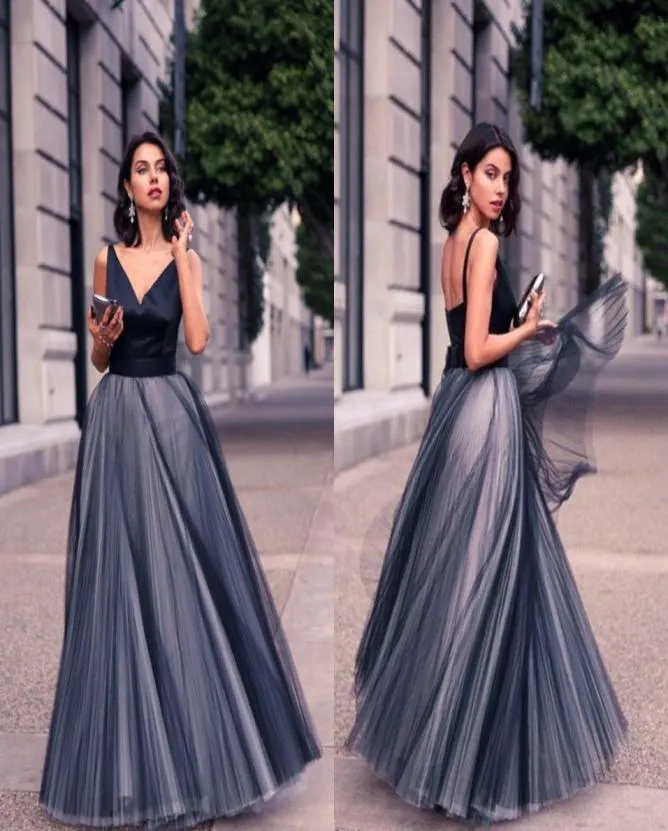 Formal Black Tulle Elegant Evening Dresses Satin Spaghetti Straps V Neck Vintage Long Cut Out Prom Party Dresses Custom Made Women3517214