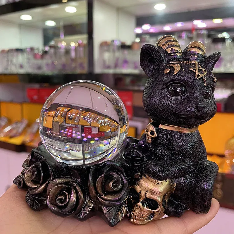 Minyatürler Fortune Cat Kafatası Siyah Şanslı Kediler Kristal Top Tutucu Reçine Figürinler için Stand 6080mm Küre için Süsleme