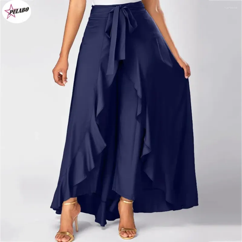 Skirts PULABO Summer Irregular Womens Solid Front Overlay Pants Ruffle Fashion Ladies Belt Boho Long Skirt Falda Mujer