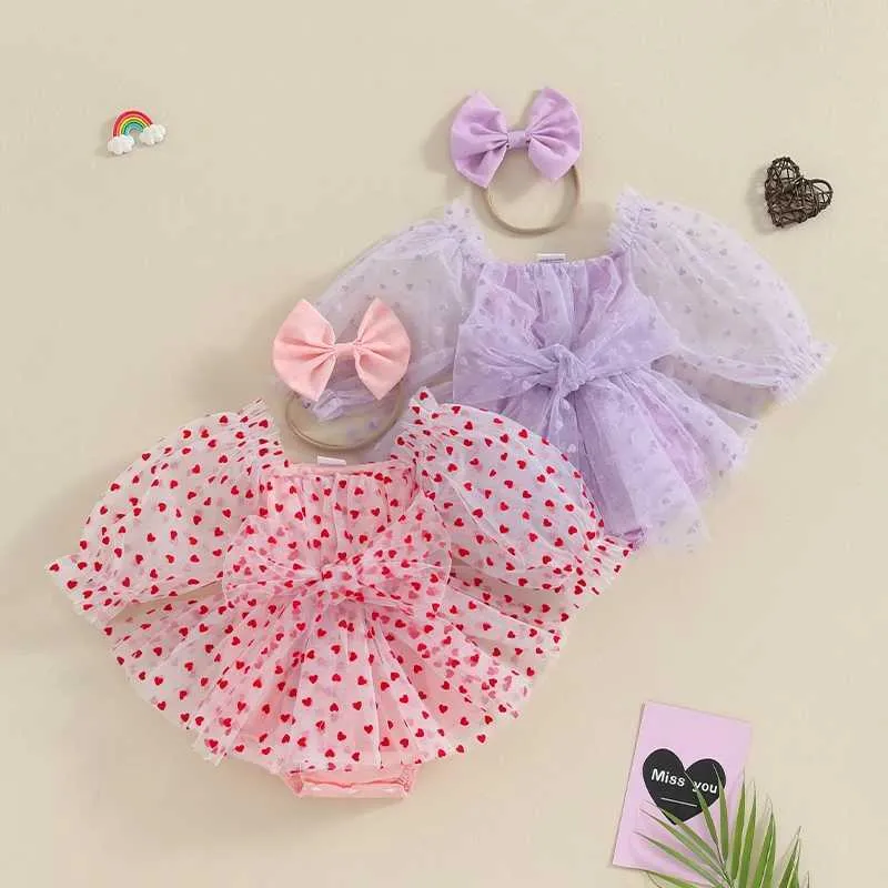 Rompers Valentines Day Dress Brate Infant Girls Heart Print Puff Sleeve Mesh Tulle Jumpsuit + عقال للملابس حديثي الولادة H240507