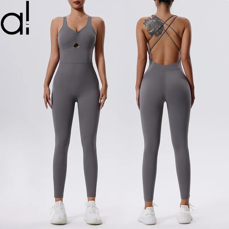 Al Yoga Jumpsuits Bodysuit Dance Dans strakke ademende luchtoefening Geïntegreerde heup-lift snel-droog fitnesspak Mooie achtertanktops lopende broeken