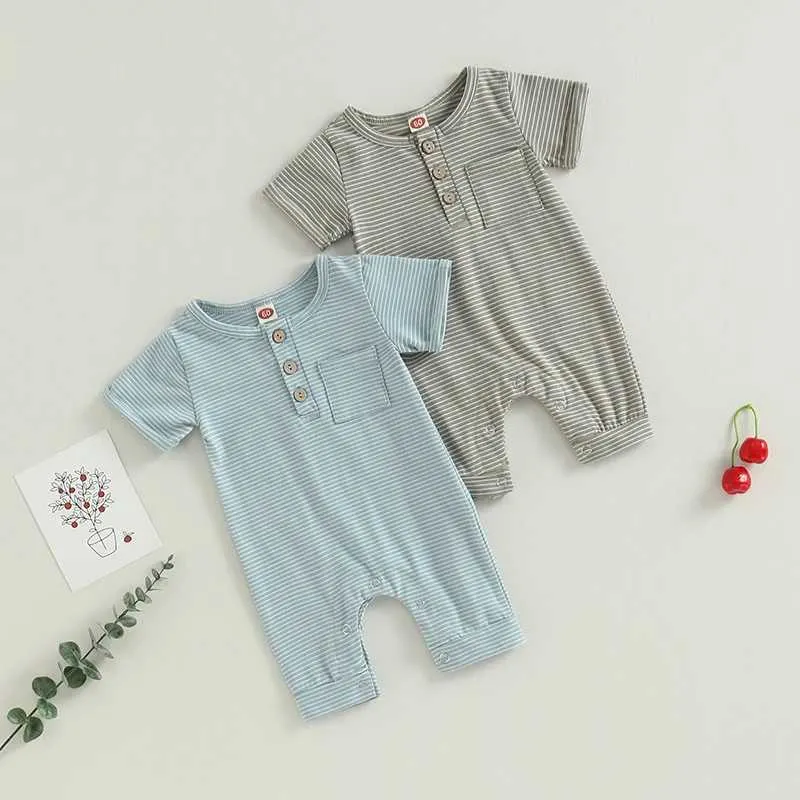 Rompères Baby Clothing Baby Garçons filles à manches courtes Stripe Crew Neck Buttons Jumps Contanes Summer Casual Clothes H240507