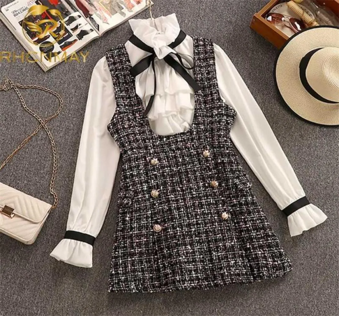 Frühlingsherbst 2 -teiliges Set Overalls Kleid Frauen Elegante Rüschen Chiffon Bow Shirt Topadouble Breasted Plaid Tweed Weste 2201203437218