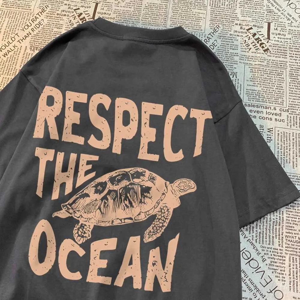 Camisetas masculinas respeitam a camiseta do oceano Grn Turtle Men Roupas de grandes dimensões Hip Hop respirável curto slve harajuku verão de algodão H240506