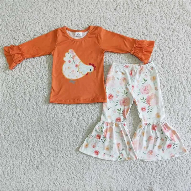 Ensembles de vêtements de la mode printemps enfants Chick Orange Top Pantalon évasé Pantalon Boutique en gros de bébés filles enfants tenues