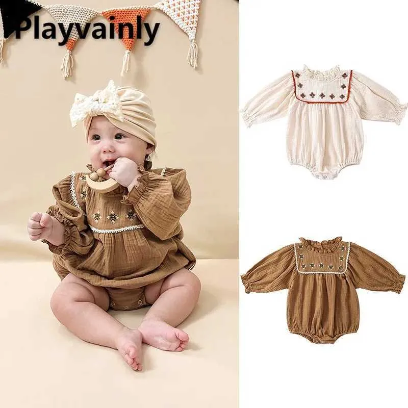 Rompers New Spring Autumn Baby Girl Sweet Bodysuit White/Brown Embroidery Agaric Edge Collar Puff Sleeve Jumpsuit Newborn Clothes H240507