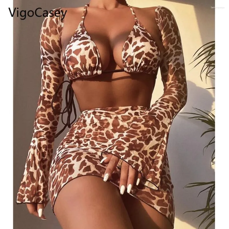 Женские купальные костюмы Vigocasey Сексуальные леопардовые длинные рукавы 4pcs Юбка бикини набор высокой талии женщин 2024