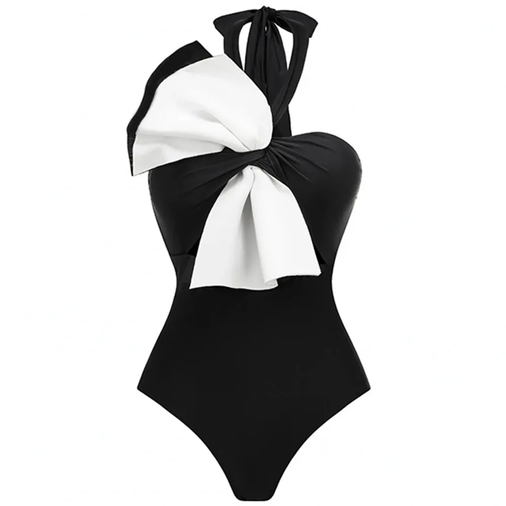 Костюмы 2023 Черно -белый купальник женщины Deepv One Piece Swimsuit Mesh Ruffle Beachwear Bating костюм Vintage Retro Monkini