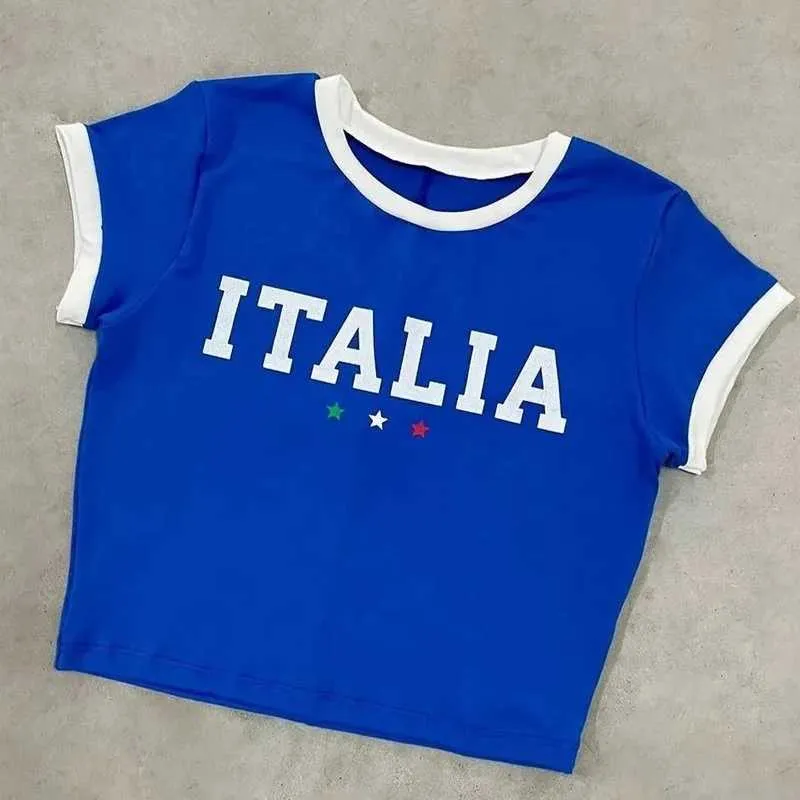 Damen T-Shirt Sommer niedliche Italia Grafikdrucktanktische Fe märchenhafte Vintage Crop Top E-Mädchen Ästhetik Damen T-Shirt Y2K Kleidung Emo D240507