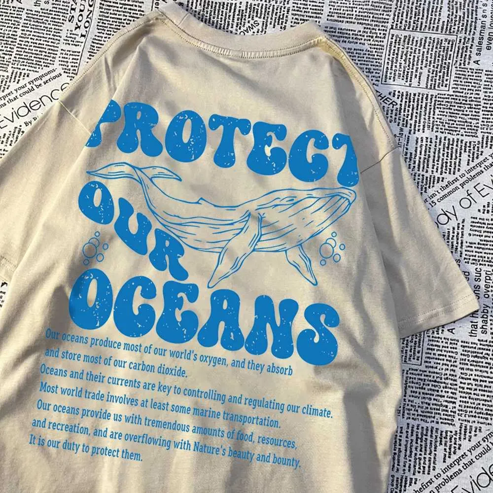 Mäns t-shirts skyddar våra Oceans Whale Landing T-skjortor Män mönster Kvalitet Skjorta Vintage Cotton Tops Personlighet Sommarkvinnor H240506