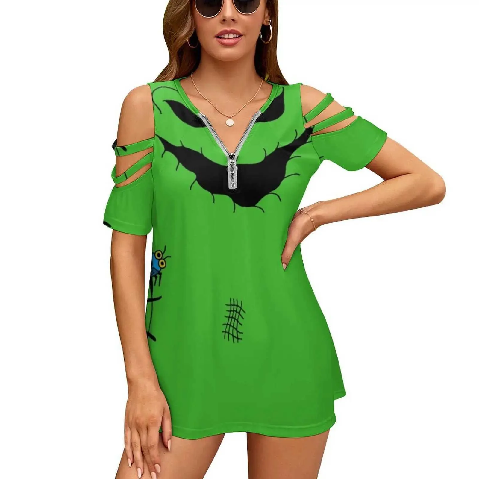 女性用Tシャツグリーングール新しいファッションジッパーショルダートップショートスリーブレディースシャツウージーブギーNBCクリスマスevel2405