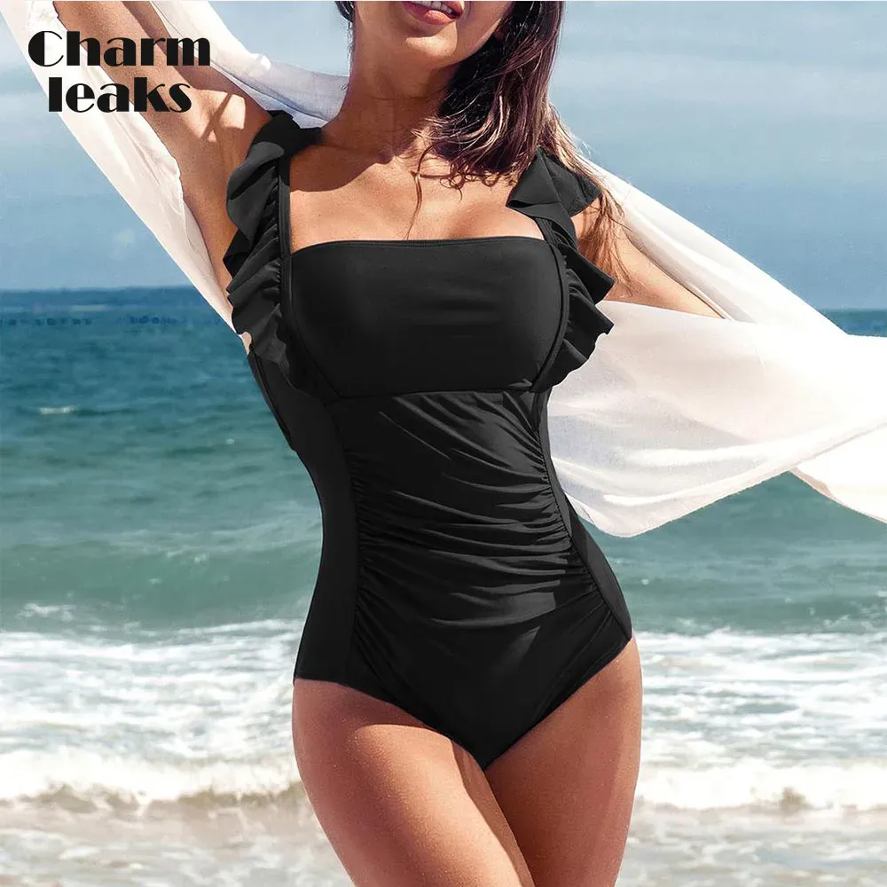 Costume Charmleaks Femmes One-Piece Solid Falbala plis Stracts réglables Hollow Out Monokini Soft Bathing Swimsuit