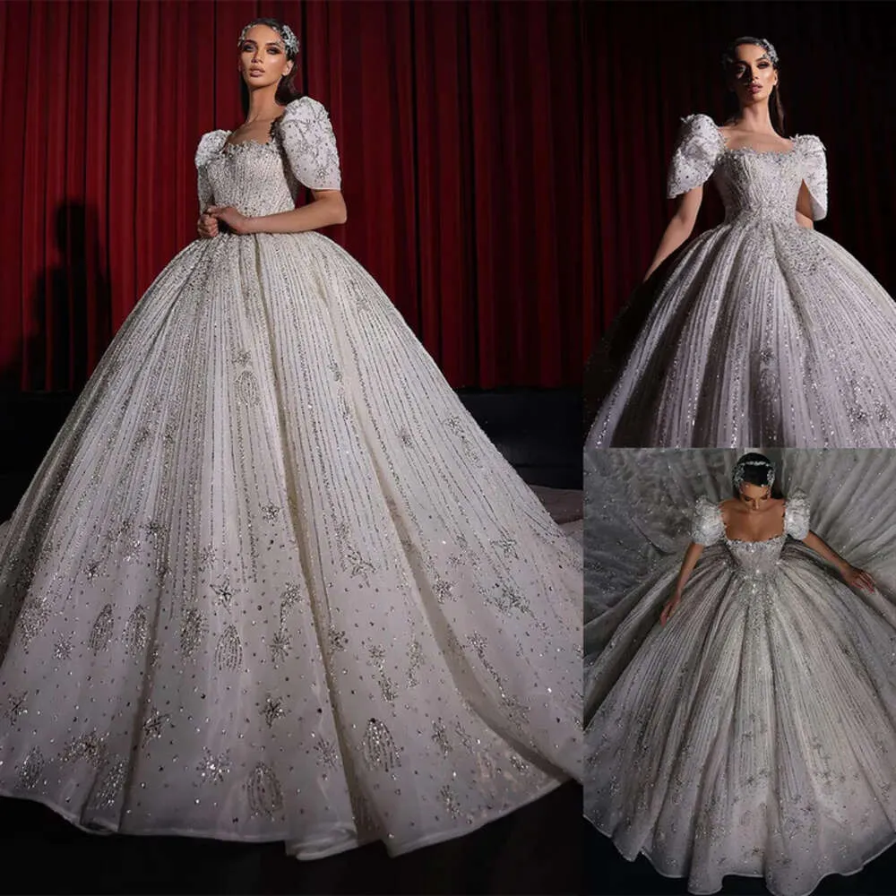 Shining Dresses Luxurious Sleeves Wedding Ball Square Short Beading Applicant Layered Stain Tulle Chapel Gown Custom Made Bridal Dress Vestidos De Novia