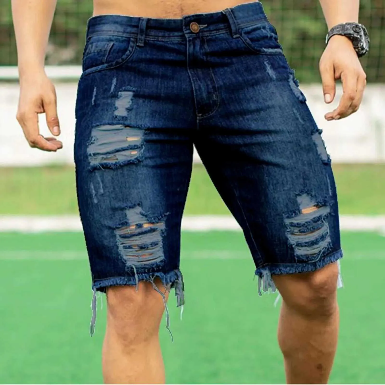 Shorts masculinos 2023 shorts de jeans de verão solto hip-hop extremo lascado pernas largas mascultos shorts de tamanho grande jeansl2405