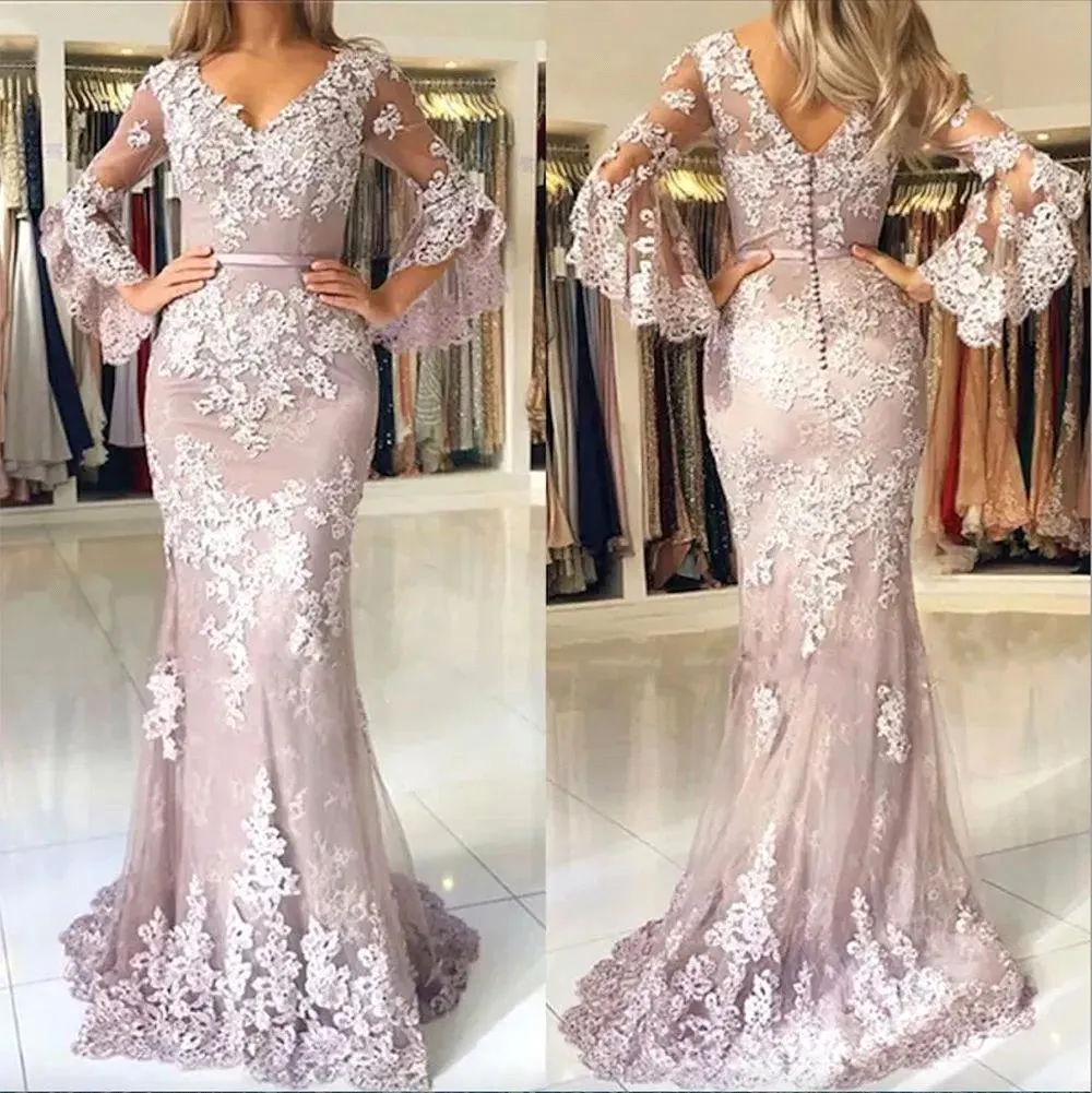 Elegant Mermaid Lace Mother Of The Bride Dresses V Neck Long Sleeves Wedding Guest Dress Floor Length Appliqued Evening Gowns BC18789