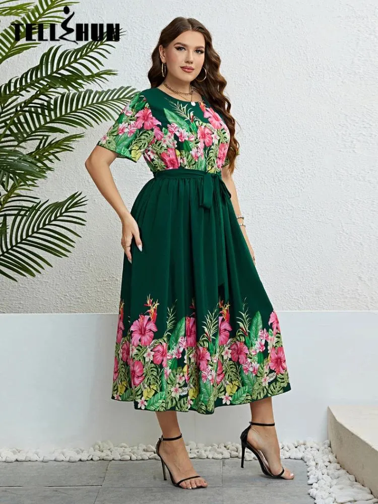 Festklänningar blommigt tryck ruched ruffles maxi klänning kvinnor sommar avslappnad snörning a-line lång plus size wrap streetwear vestidos