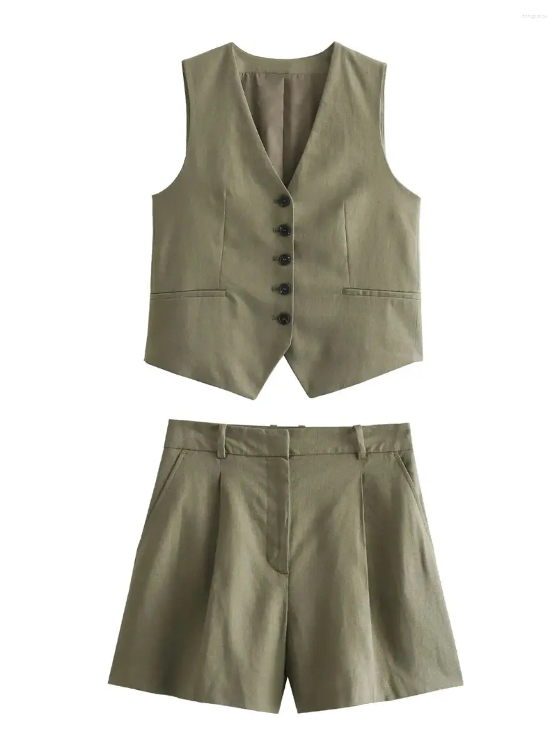 Damen -Trailsuits Xnwmnz 2024 Fashion Leinen gemischt Weste oder hohe Taille Bermuda Shorts Street weibliche zweiteilige Set