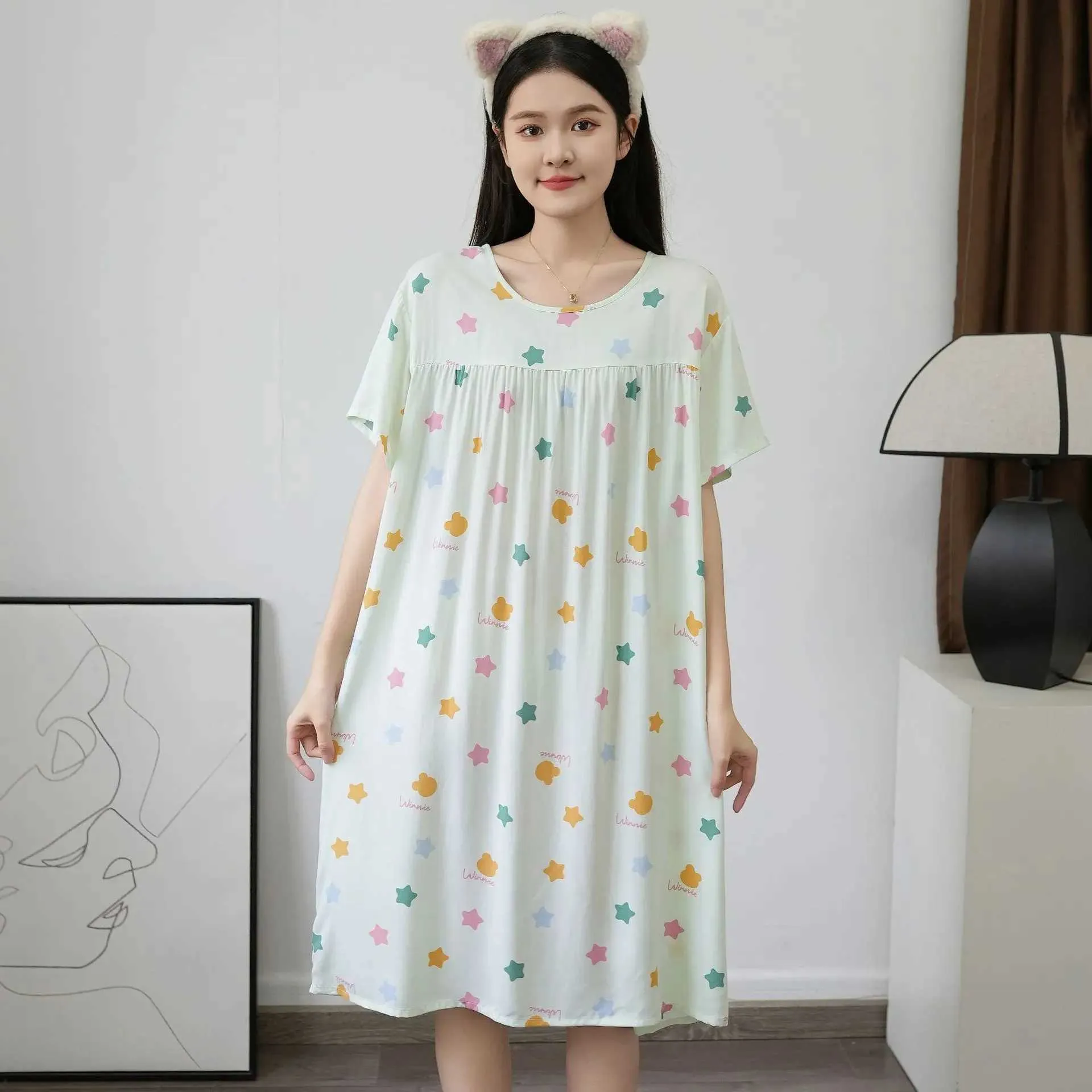 Frauenschlaf Lounge Koreanische Mode Plus Größe Pyjama Kurzärmeligpyjama für schlafende Frauen Sommergedruckte Heimkleider Floral Abendkleider2405