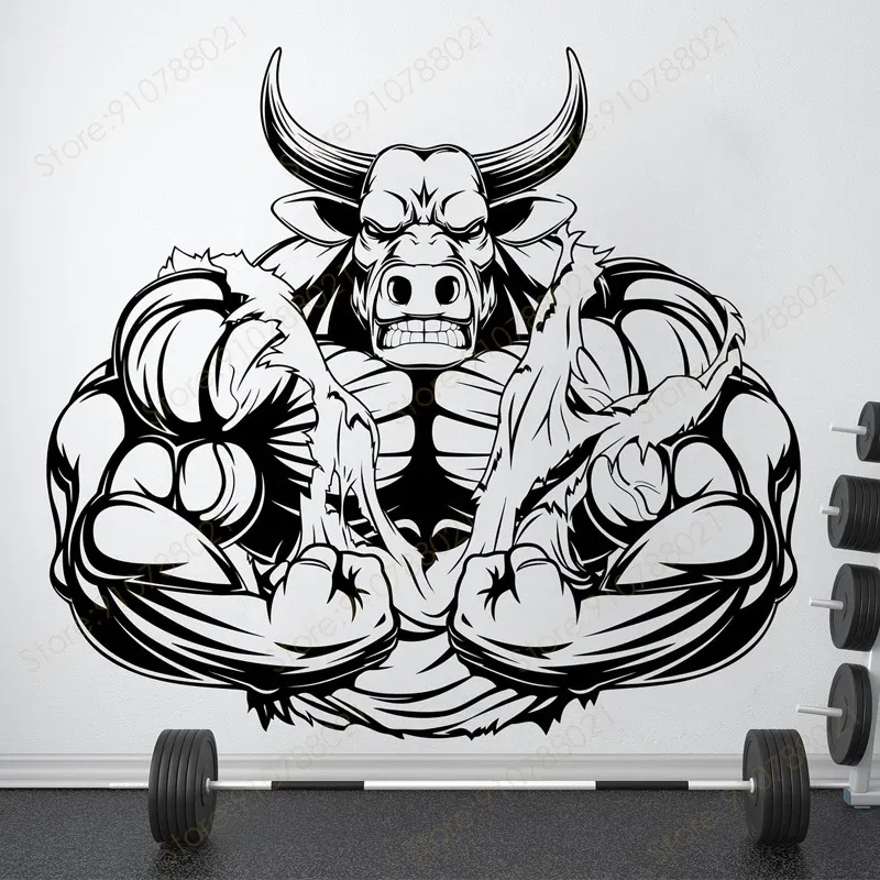 Aufkleber Fitnessstudio Wandaufkleber Bulle Muscle Fitness Studio Schild Abziehbilder Vinyl Art Decor Home Fitnessmotivation Übung Poster Moderne Wandbilder S576