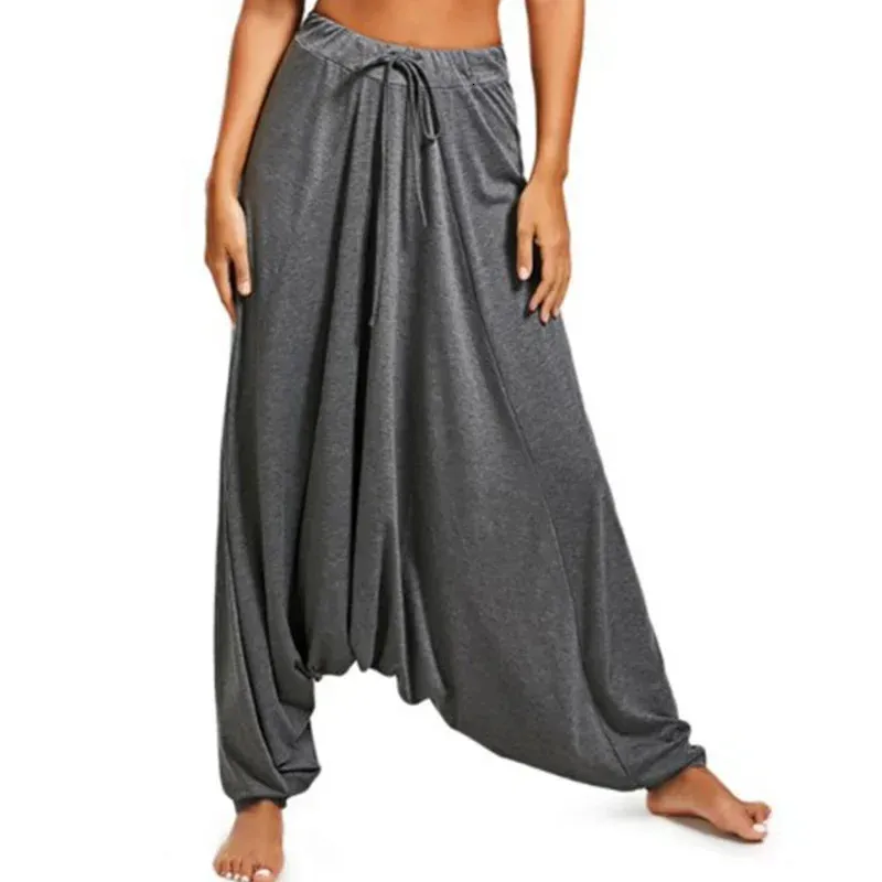 Harem pantolonlar kadın gündelik hippi gevşek pantolonlar bol dropcrotch düz renk geniş bacak elastik bel moda mujer pantalonlar 240506