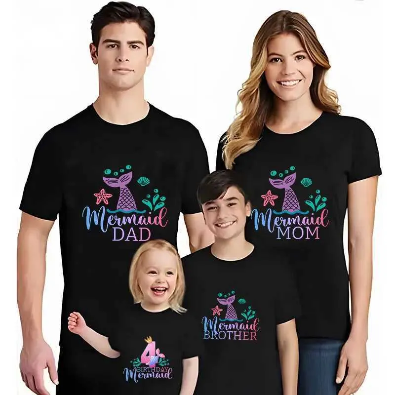 Herren-T-Shirts Fashion Meerjungfrau Geburtstag Mädchen Party T-Shirt 1 2 3 4 5 6 7 8 9 10 Jahre alte Tops Unisex Kinder Schwarz Ts passende Familienkleidung T240506