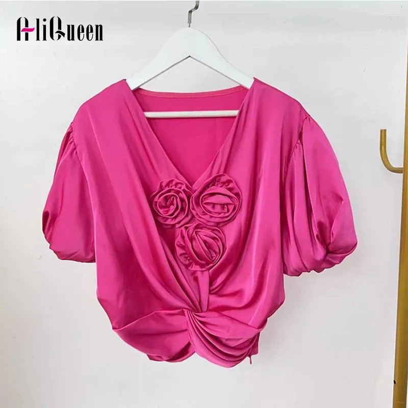 Frauenblusen Frauen süße rosa Applikationen 3D Blumen Satin Sommer weibliche schlanke Laternenhülse gegen Nacken Y2K Top Loose Bandage Blusas Mujer