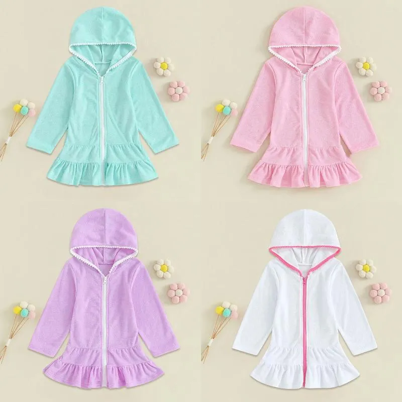 Robe De Plage à Capuche Pour Fille - Cover-up Zippé En Coton, Manches Courtes - Pour Piscine Ou Plage - 10