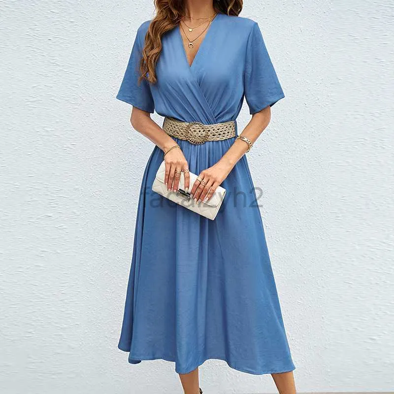 デザイナードレス2024夏のエレガンス通勤Vネックウエストバンド半袖ファッションドレスベルトプラスサイズのドレス