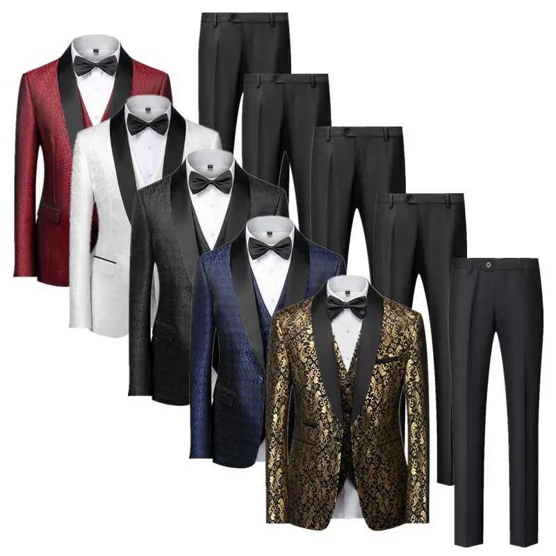 Herenpakken Blazers Heren Luxe Gold Gold Jacquard Set 2-delige zakelijke banket feestjurk 2023 Nieuwe bruiloft Q240507