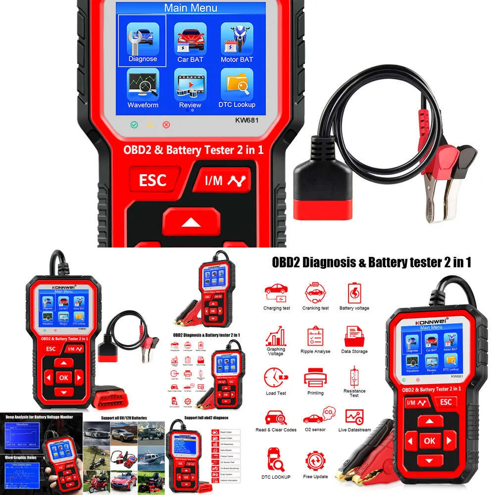 New Konnwei KW681 6V 12V Motorrad -Batterie -Tester Auto Diagnose -Tool 2 IN1 2000 CCA -Auto OBD2 -Scanner -Ladeprüfung