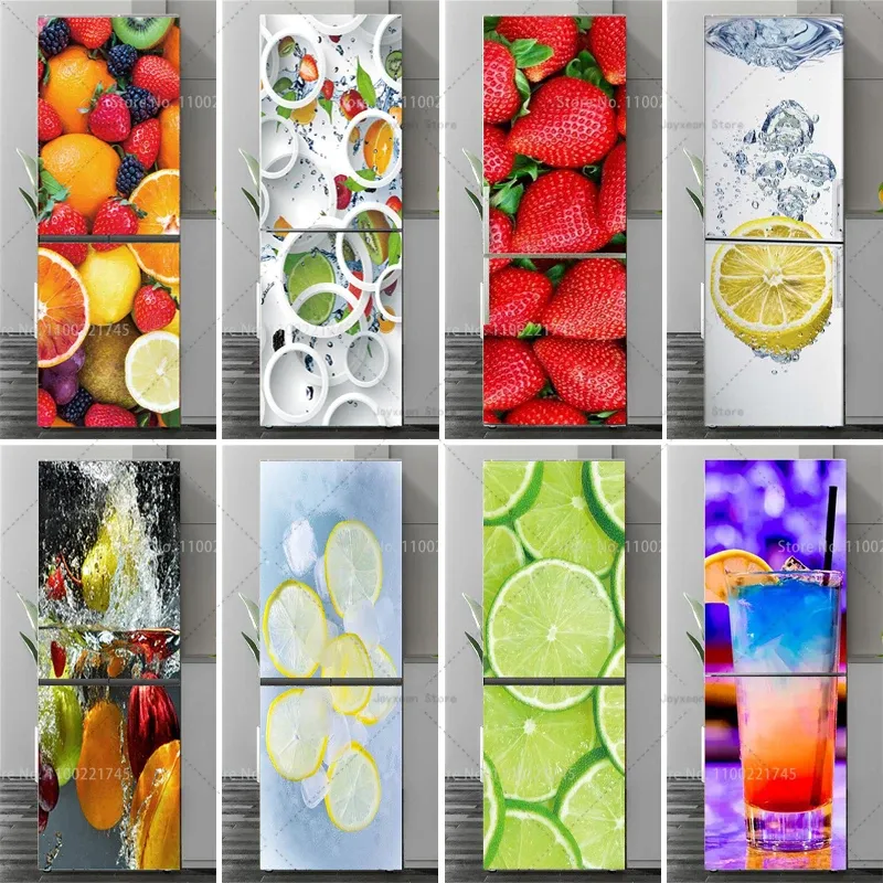 Stickers Customizable Size Refrigerator Sticker Colorful Fruit Poster Wall Sticker 3D Mural PVC Waterproof Kitchen Refrigerator Sticker